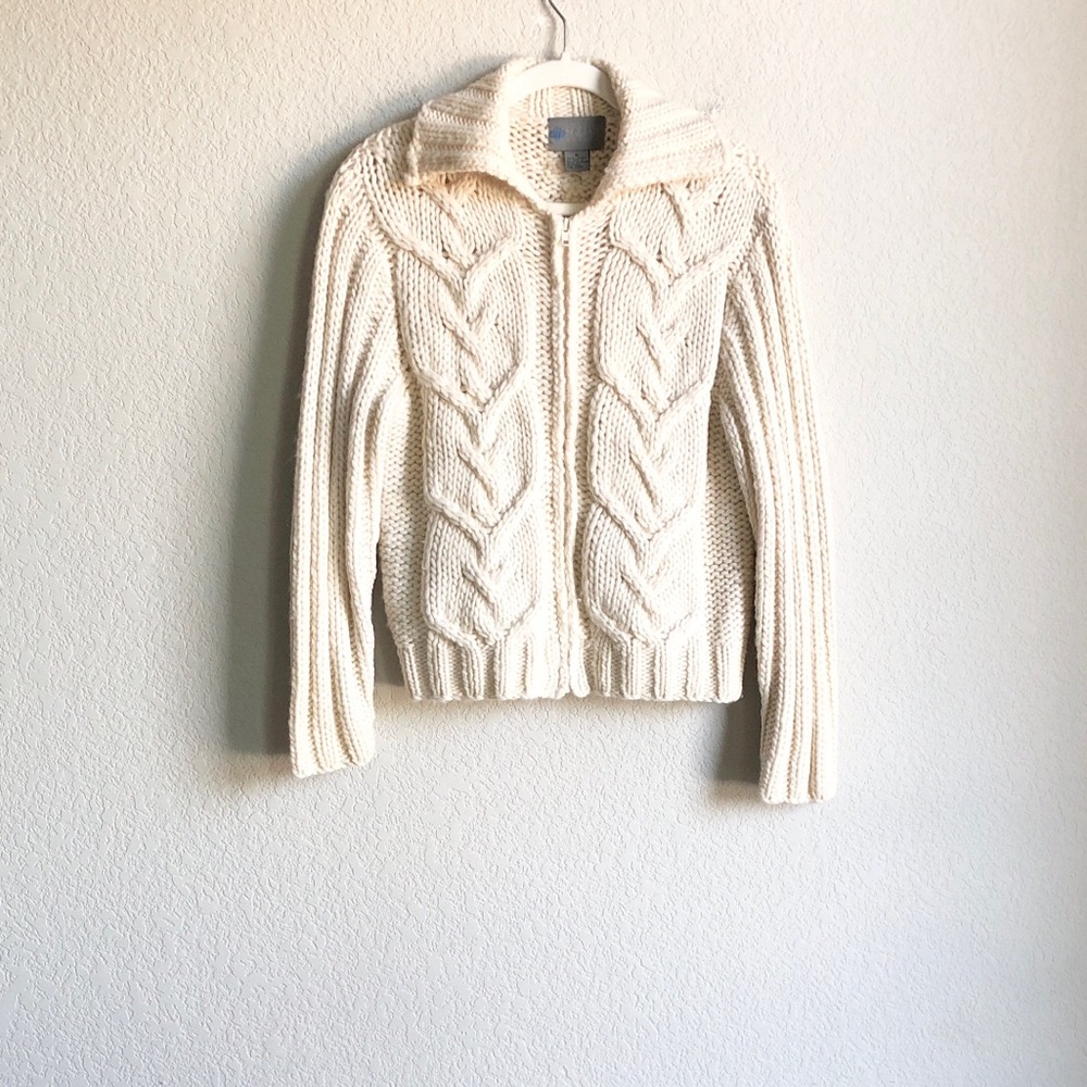 Squaw Valley Womens Wool Cable Knit Chunky Zip Sweater Jacket Ivory Flaw